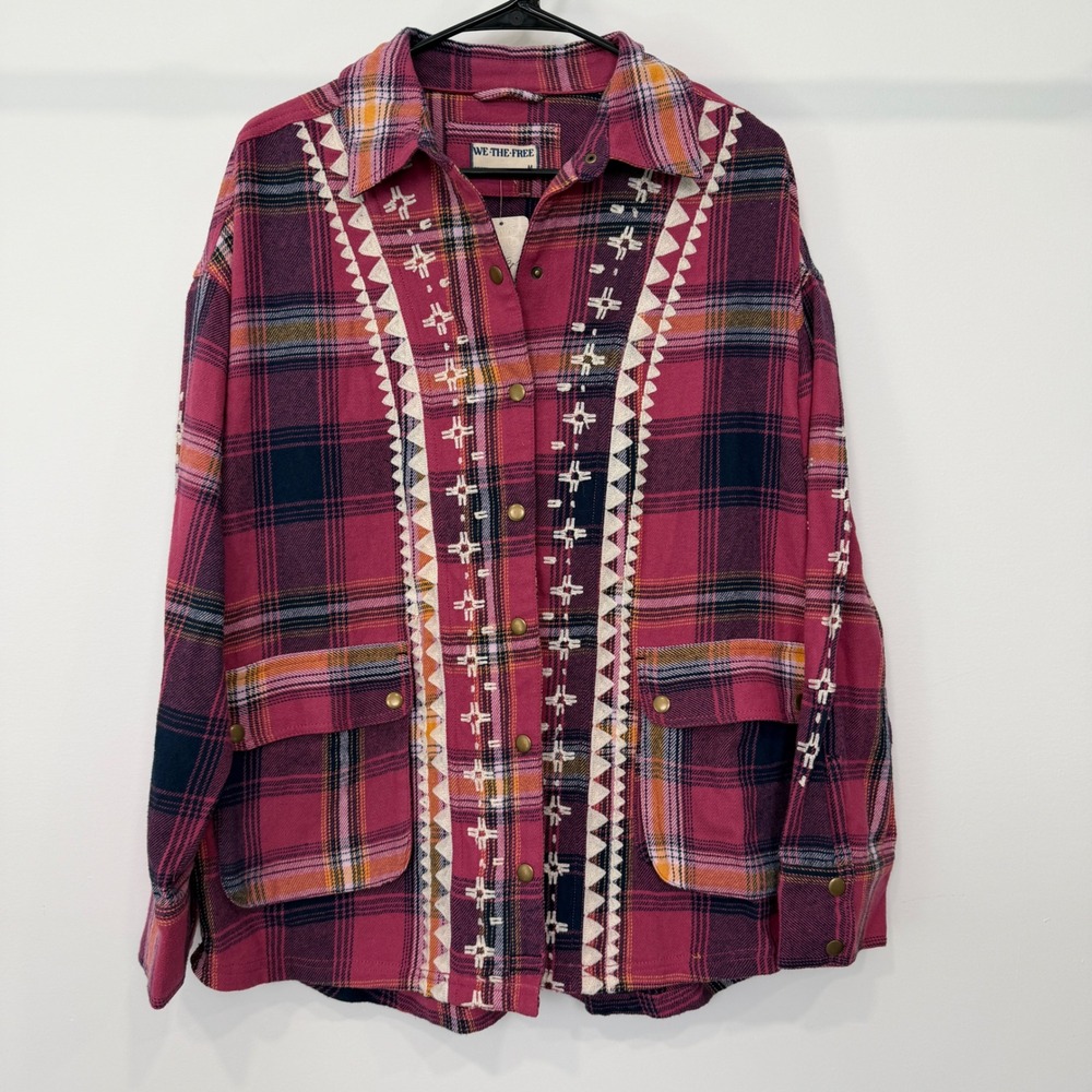 We The Free Free People Berry Plaid Embroidered Shacket M Oversized